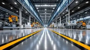 Industrial factory production line with automated robotic arms