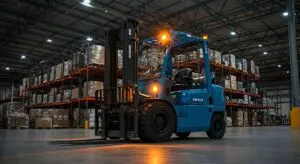 Blue Forklift Truck in a Large Warehouse Ready for Operation