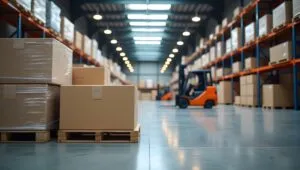Modern Warehouse with Cardboard Boxes and Forklift in Logistics Center