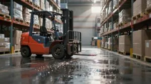 Forklift truck driving through a warehouse aisle during logistics operations