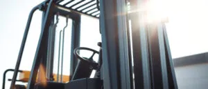 Close-up view of a forklift truck in a warehouse or industrial setting