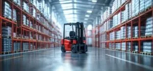 Forklift inside warehouse for distribution and storage of merchandise
